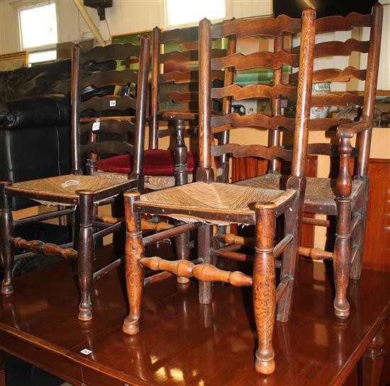 A harlequin set of six Lancashire ladderback dining chairs,